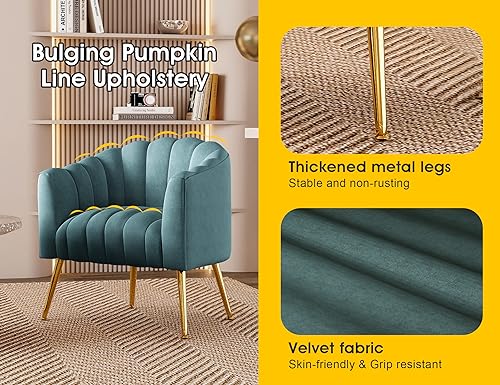 Image of Dewhut Oversized Pumpkin Couch Accent Chair, Modern Comfy Velvet Upholstered Barrel Chairs, Luxury Single Sofa Armchair for Living Room, Waiting Room, Office and Vanity, (Blue)