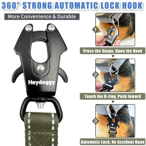 Strong Heavy Duty Dog Leash - 5ft Reflective Nylon Training Leash with Soft Padded Double Handle & Auto Lock Frog Clip - Safety Traffic Control for Large Medium Small Dogs No Pull Walk Army Green,6ft