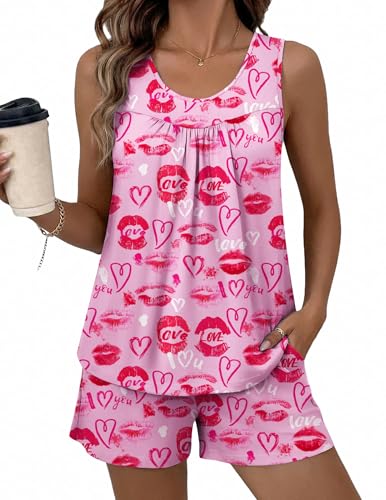 Image of Ekouaer Womens Sleeveless Pajama Sets Summer Tank Tops Pjs 2 Piece Lounge Set Comfy Shorts Sleepwear with Pockets