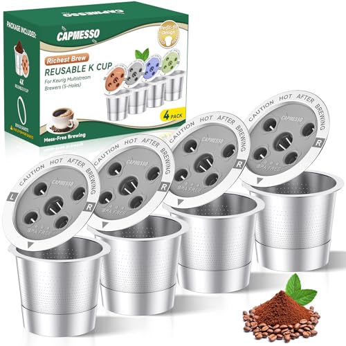 Image of CAPMESSO Reusable K Cups for Keurig: 4 Stainless Steel Coffee Pods 5-hole Metal Coffee Filters for Keurig K Supreme /K Slim /K-Brew Chill /K-Duo Gen 2 with Multistream Technology, No BPA, Durable