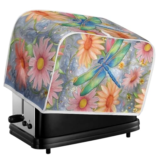 Image of Talayituse Dragonfly Daisy Flower Print Toaster Cover 2 Slice Wide Slot, Lightweight Bread Maker Cover Dust Protection Washable Appliance Bag, S