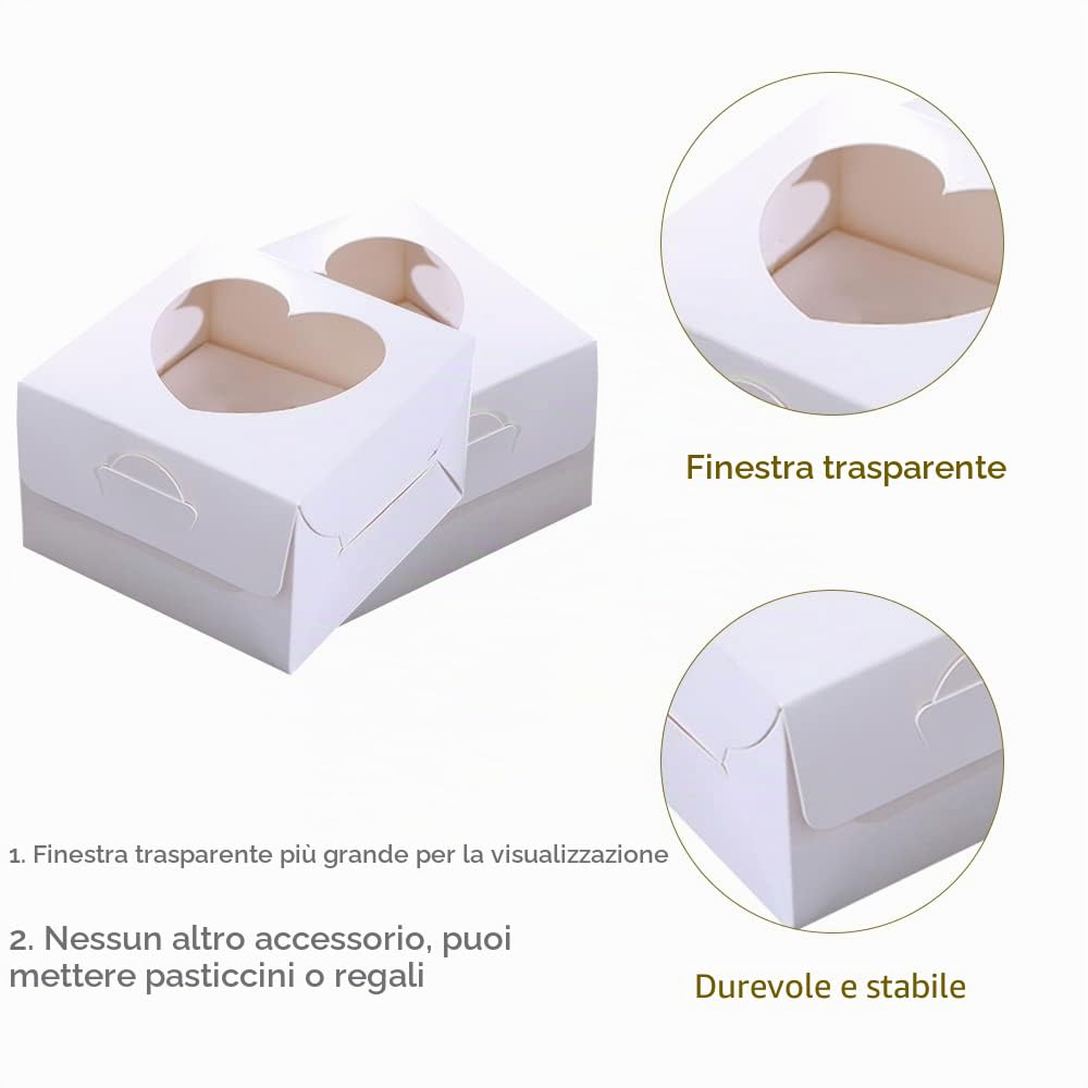 30 Pezzi Mini Scatole per Torta, 10x10x6,5cm Scatole per Dolci, Scatola per Biscotti, con Finestra Trasparente a Forma di Cuore, per Cupcake, Muffin, Cioccolato, Ciambelle (Bianco)
