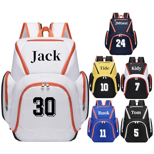 JMGnxt Personalized Basketball Backpack for Men/Women - Custom Name & Logo, Adjustable Straps for Sports, Gym (White)