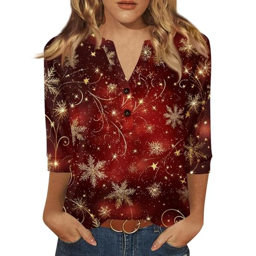 Weihnachtsbluse Damen 3/4 Ärmel V Ausschnitt Weihnachts Tshirt...