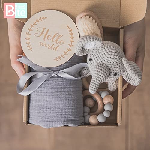 Deluxe Baby Shower Newborn Baby Gift Sets: Soft Baby Towel, Cozy Cotton Blanket, Wooden Rattle, Essential Brushes, Keepsake Bracelet, and Adorable Crochet Toy (Elephant)
