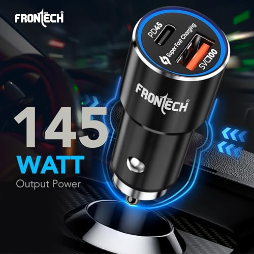 Image of FRONTECH Super-Fast Car Charger | 145W Dual Port | Type-C PD 45W + USB QC 100W | Anti-Vibration | Compact Design | 1M Type-C Cable | Secure Fit (CCH-0005)