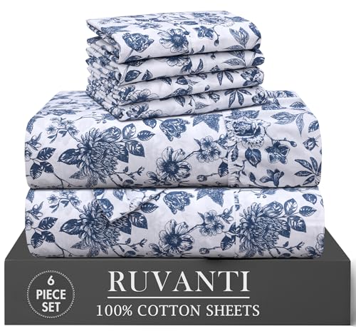 RUVANTI 6 Pcs Cotton Sheets - 100% Natural Cotton Soft, Lightweight & Breathable Crispy Percale Bed Sheets, Queen Sheet Set 16' Deep Pockets, Wild Flower