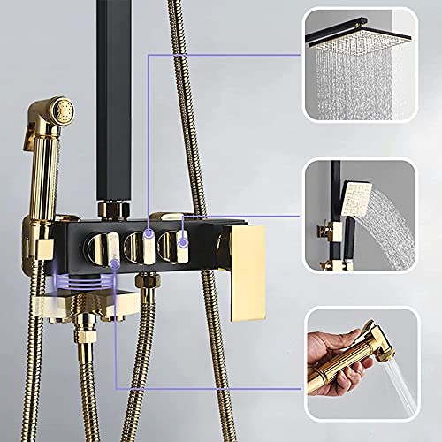 Columna de ducha termostática cuadrada para baño color negro y dorado con función de lluvia y ducha de mano, altura ajustable miniatura 3