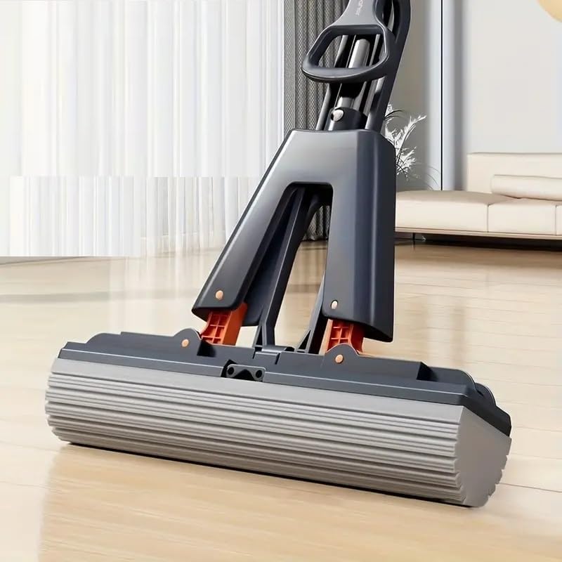 PVA Sponge Mop for Floor Cleaning - Squeeze Roller With Self Wringing for Hardwood, Laminate, Tile, Marble, Ceramic - Easily Dry Wringing
