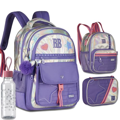Kit Mochila Escolar Rebecca Bonbon RB 27021 Holográfica Lilás com Lancheira, Estojo box e Garrafinha coleção 2026