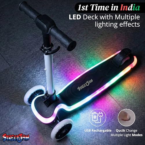 Image of STREETJAM Blinkie Kids LED Kick Scooter for 3-12 Years, LED Deck with Multiple Light Modes (1st Time in India), BIS Approved, Extra Wide Deck, Rechargeable, Up to 50 kg Load (Black with Grey)