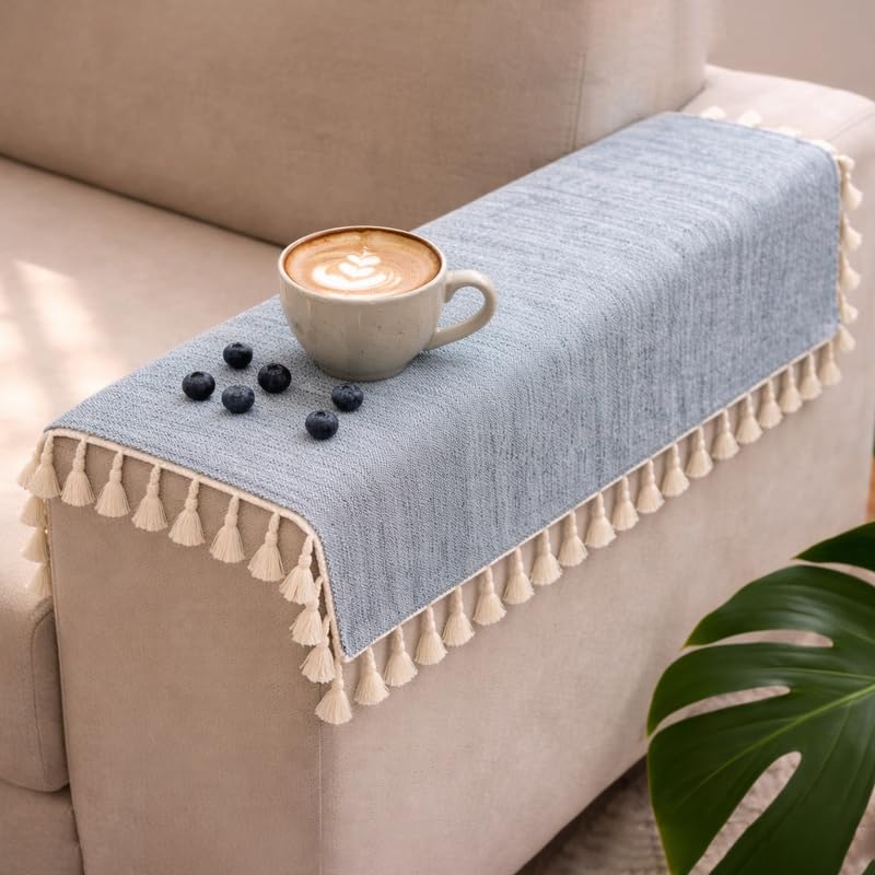 Image of STITCHNEST Premium Woven Fabric Sofa Arm Cover with Tassels | Elegant Hand Rest Protector | Durable & Stylish | 18 x 22 Inches