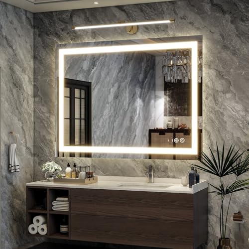 Image of LED Bathroom Mirror with Front Light | 3 Color Modes, Dimmable, Defogger & Memory Function | Modern Vanity Wall Mirror (60X90 CM)