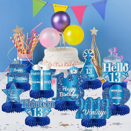 Image of 9Pcs 13th Birthday Decorations Blue Silver 13th Birthday Party Decorations for Teens Boys Girls,Happy 13 Years Birthday Honeycomb Centerpieces Table Sign Decor Supplies