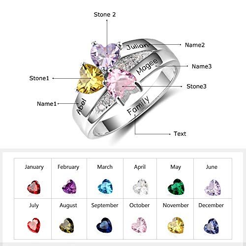 Mothers Ring with 3 Heart Simulated Birthstones Engraved 3 Names Personalized Promise Rings for Her Mom Jewelry2