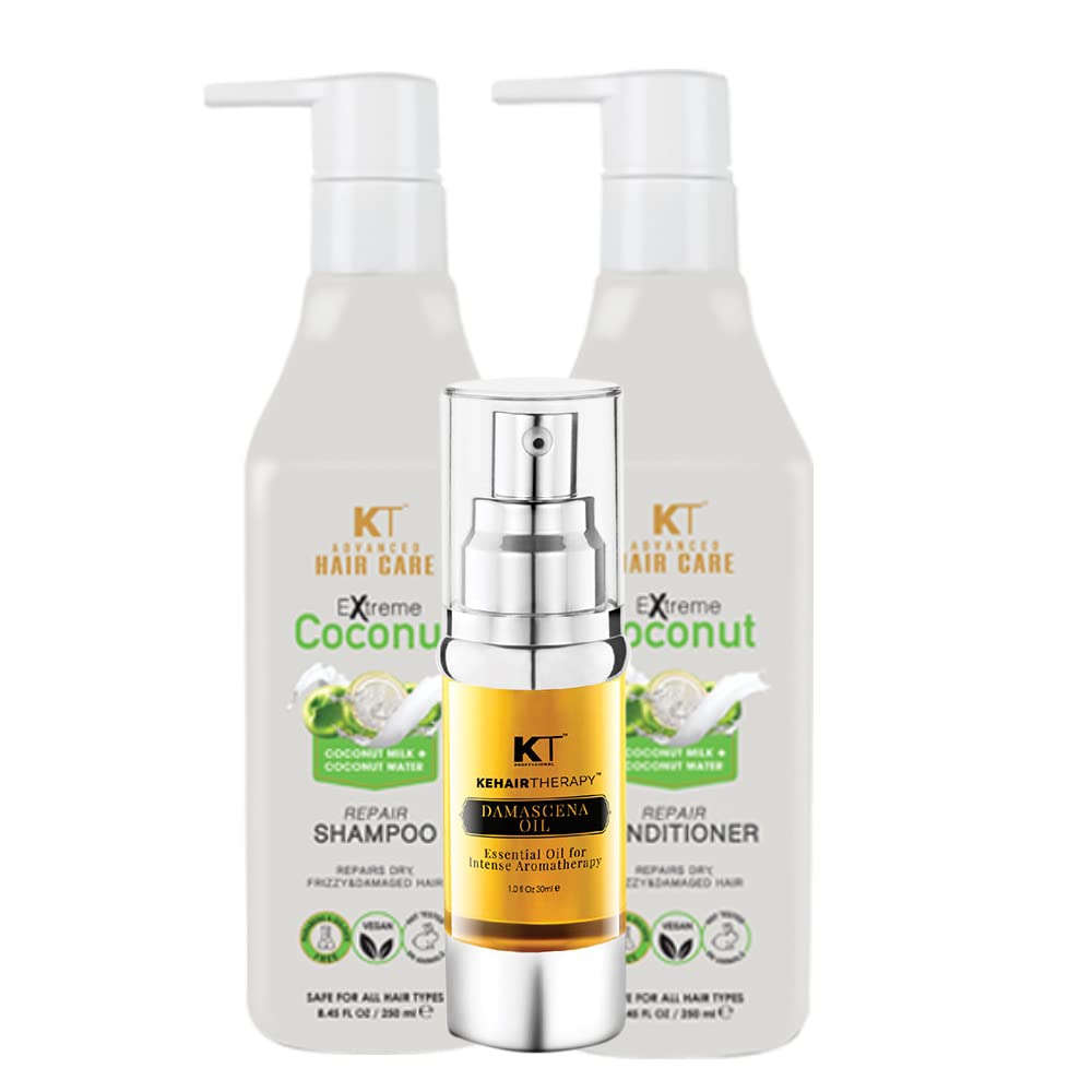 KEHAIRTHERAPY KT Professional Advanced Extreme Coconut Repair Shampoo 250ml & conditioner- 250 ml Combo Pack + Damascena Oil Serum - 30 ml (Pack Of 3)
