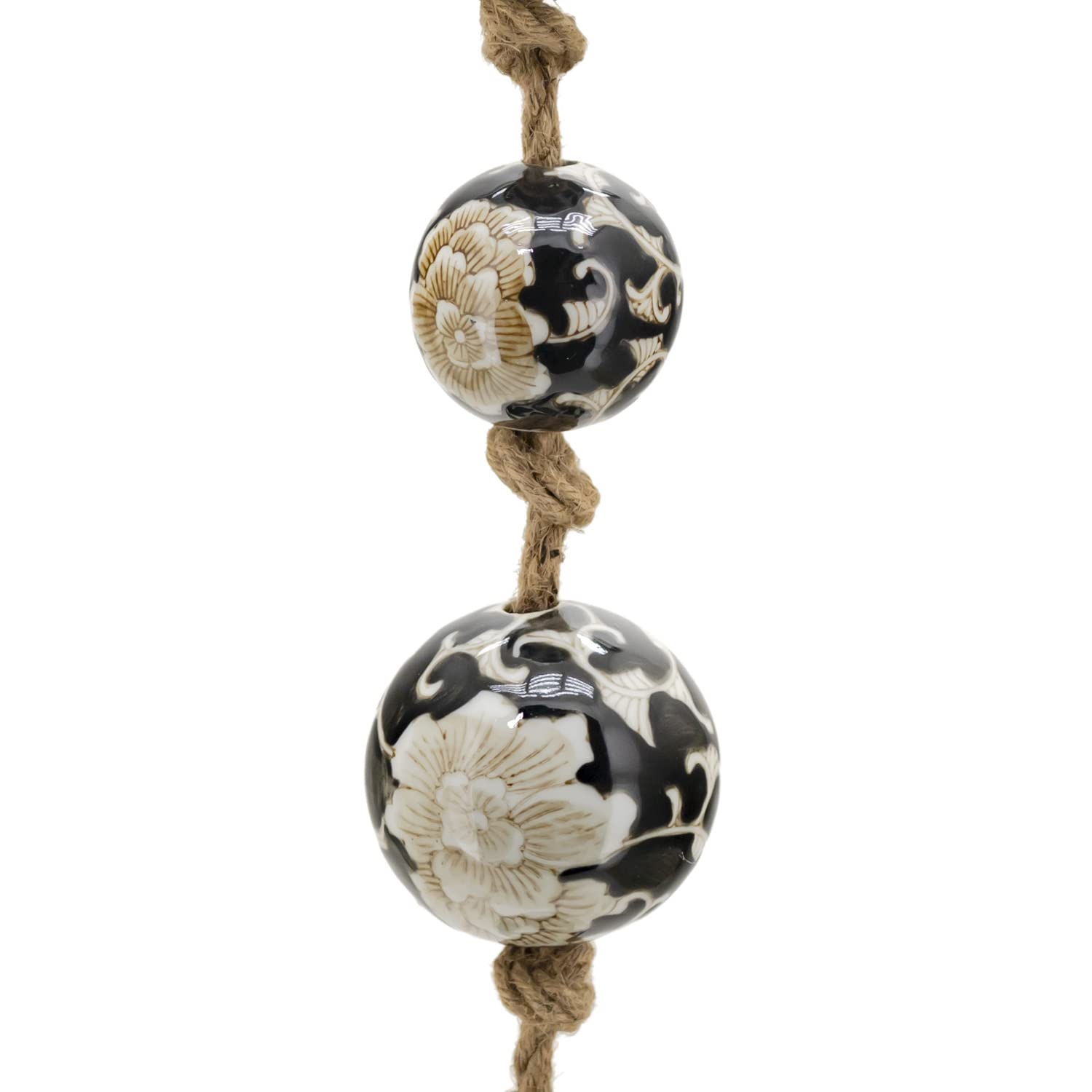 Hanging Decorative Ceramic Porcelain Sailor Balls on a Rope Tsugo Collection (White Flower on Black)