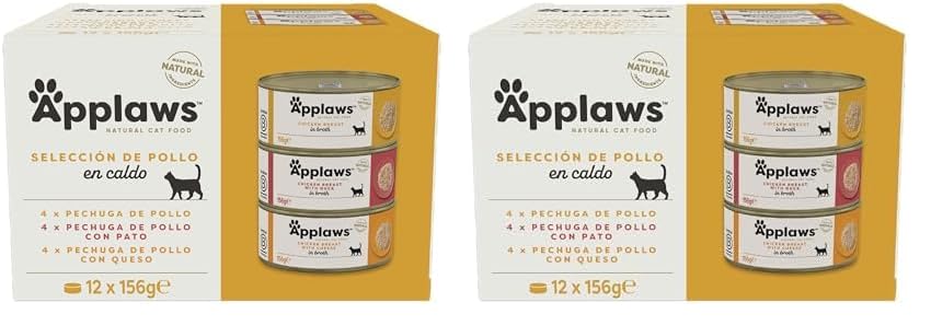 Applaws Comida Húmeda Natural 100% Pollo Multipack en Caldo para Gatos - Pack Contiene 12 latas de 156g (Paquete de 2)