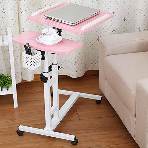 Preisvergleich Produktbild GPFDM Mobiler Betttisch Auf Rollen, Beistelltisch Höhenverstellbar / Breitenverstellbar, Tischplatte Neigbar / Klappbar, Bett-Beistelltisch Für Krankenbett, Pflegebett, Laptoptisch,Rosa