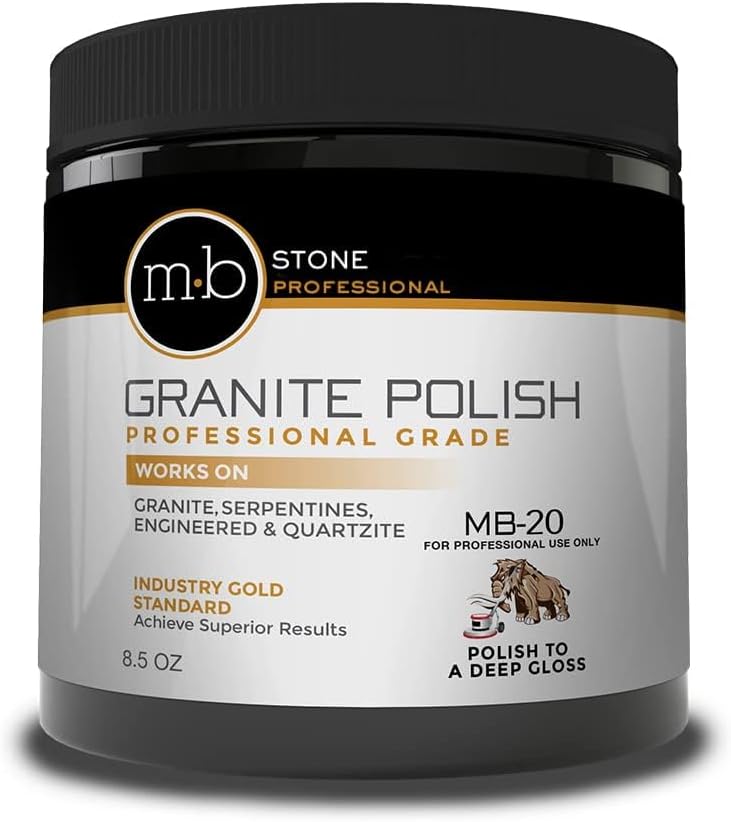 MB Stone Care MB-22 Marble Polish and Countertop Polishing Kit - Cleaner and Polish Powder for Calcite based stones Marble, Limestone, Travertine and Terrazzo - Countertop Restorer with Drill Pad