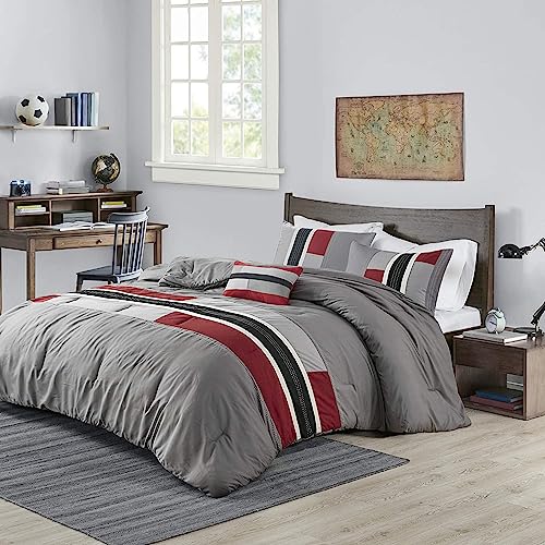 Mi Zone Cozy Comforter Set Geometric Stripes Vibrant Color Design All Season Bedding Matching Shams, Decorative Pillow, Twin/Twin XL, Red/Grey, 3 Piece