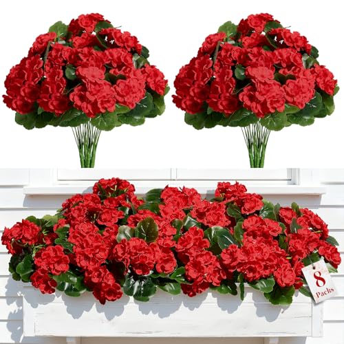 Alupssuc 8Pcs Artificial Geranium Flowers for Outdoors Decoration Silk Floral UV Resistant Fake Plants Faux Flower for Porch Garden Table Centerpieces Home Indoor Outside Spring Decor(8 Red)