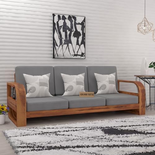 Image of Wooden 3 Seater Sofa Set for Living Room|Three Seater Sofa for Office & Lounge|3-Person Sofa Sets for Home|Sheesham Wood (3 Seater,Honey Finish)
