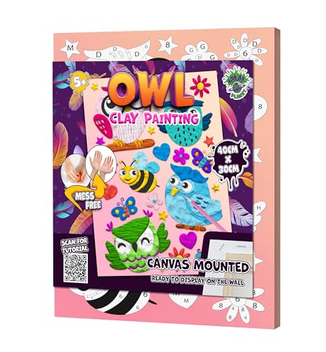 Splat Planet Kit de peinture à l'argile hibou sans dégâts, kit d'argile autodurcissante, toile 3D sensorielle, activité artistique et manuelle amusante pour enfants, pré-encadré 40x30cm