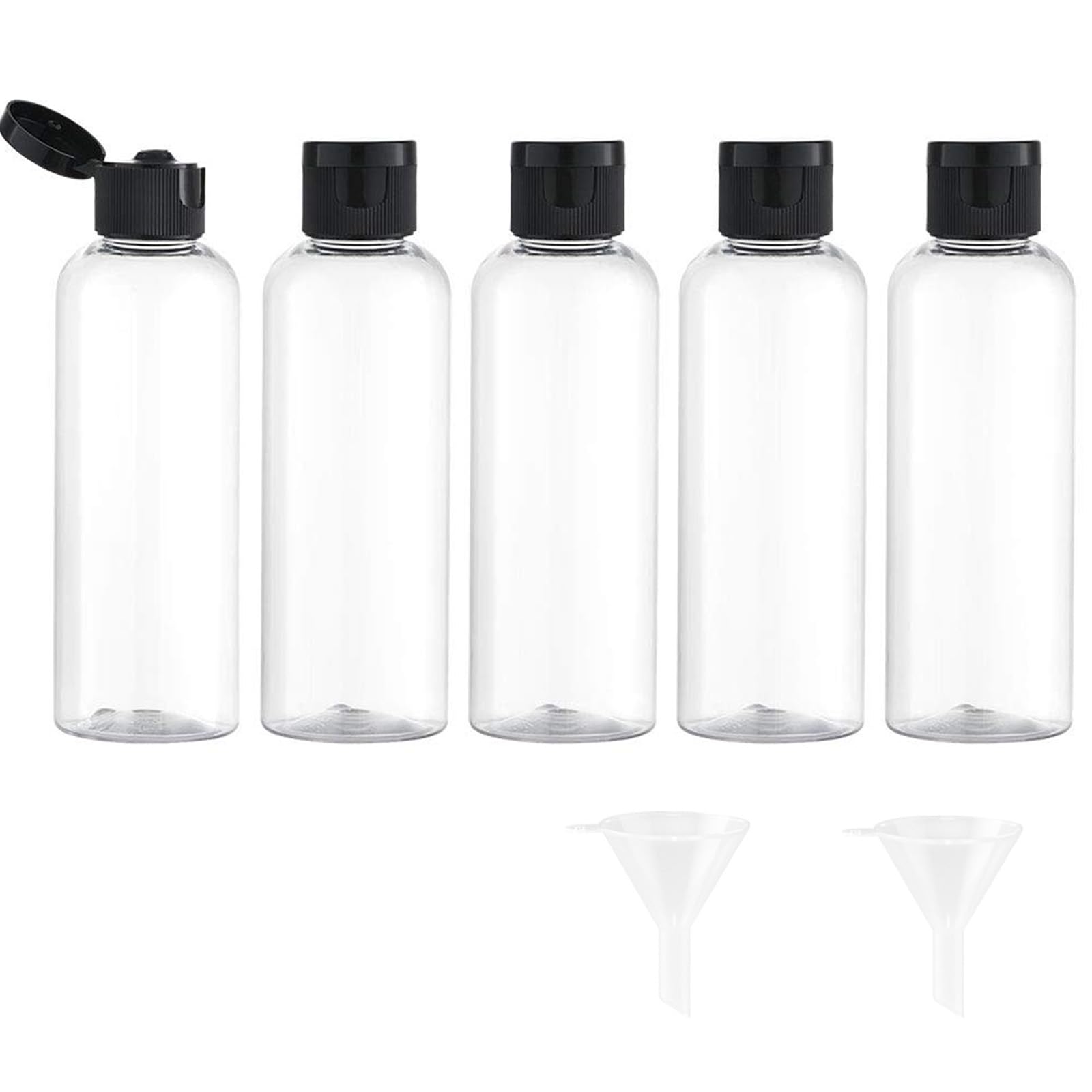 Travel Bottles Set, 100 ml, 5 Pieces with Flip Lid, Transparent, with Funnel, Cosmetic Container