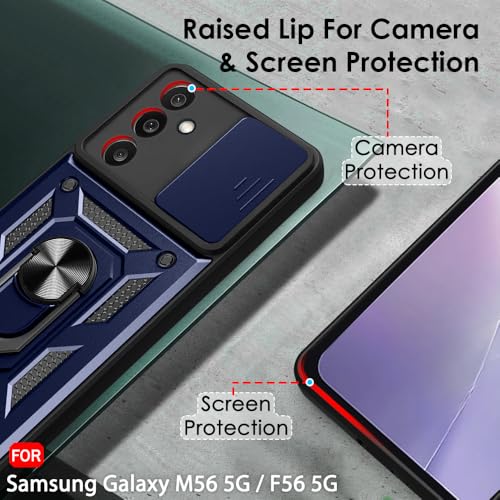 Image of TheGiftKart Tough Armor Bumper Back Cover Case for Samsung Galaxy M56 5G / F56 5G | Kickstand & Ring Holder | 360 Degree Protection Cover for Samsung M56 / F56 (PC & TPU, Sliding Camera Cover, Blue)