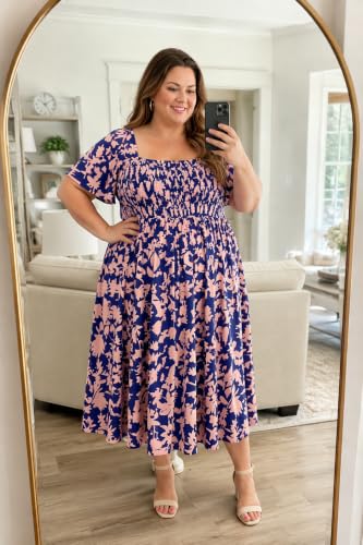 Image of RITERA Plus Size Dresses for Curvy Women Square Neck Short Sleeve Summer Floral Smocked Maxi Dress with Pocket XL-5XL