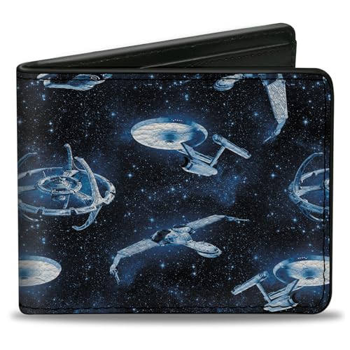 Paramount Network Wallet, Bifold, Star Trek Spaceship Fleet in Space and Title Logo Blues, Vegan Leather