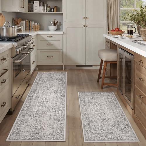 HUGEAR Grey Kitchen Rug Sets 2 Piece 20x32/20X48 Inch Vintage Distressed Entryway Washable Kitchen Mats Floor Carpet Non Slip Runner Rugs for Hallway Laundry Sink Bathroom Grey 20"x32"+20"x4
