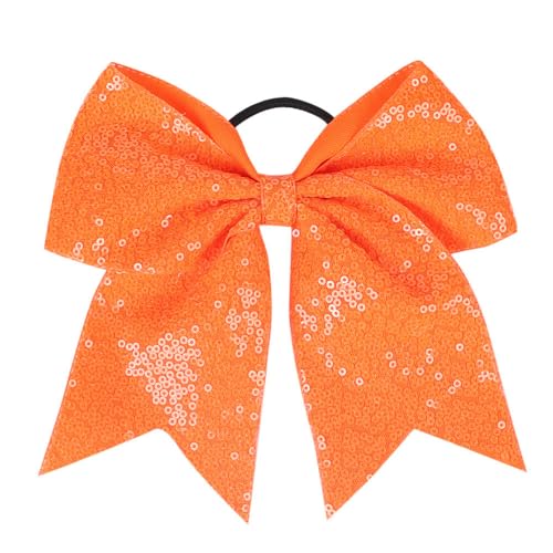 7 Inch Sequin Orange Cheer Bow Elastic Hair Tie Large Glitter Hair Bow Ribbon Scrunchies Cheerleading Ponytail Holders Hair Accessories Gift for Teen Girls Sports Women (Bright Orange)