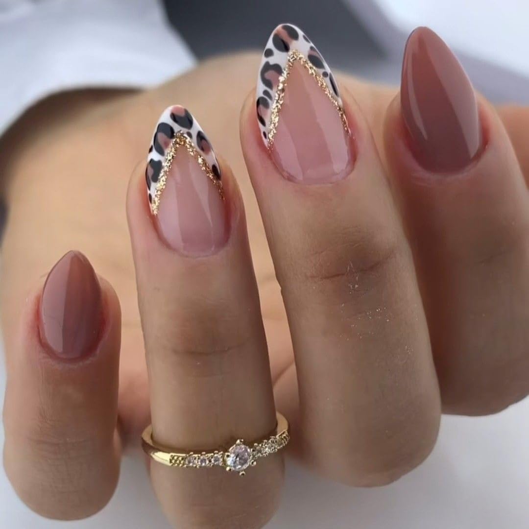 SXVME Fall Mauve False Nails with French Tip Leopard Design, Soft Gel Press on Nails Short Almond