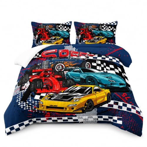 AILONEN Racing Car Comforter Set Queen Size, Cool Speed Race Car Bedding Sets for Kids Boys,Automobile Extreme Sport Duvet Set,Checkered Squares Quilt Set,3 Pieces,1 Quilt and 2 Pillowcases,Microfibre