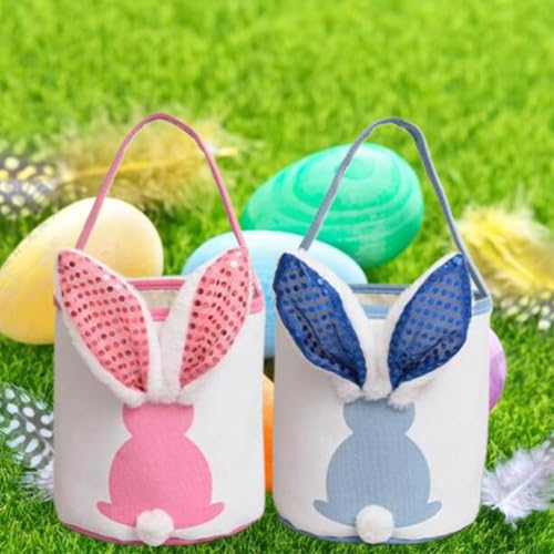SHJOEE 2 Bolsas de Conejo de Pascua con LED - Canastas de Pascua para niños - Bolsas de Regalo con Asas para búsqueda de Huevos, Chocolates, Dulces y golosinas