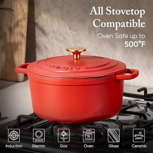 CAROTE Enameled Cast Iron Dutch Oven Pot with Lid, 4QT Red - Image 4