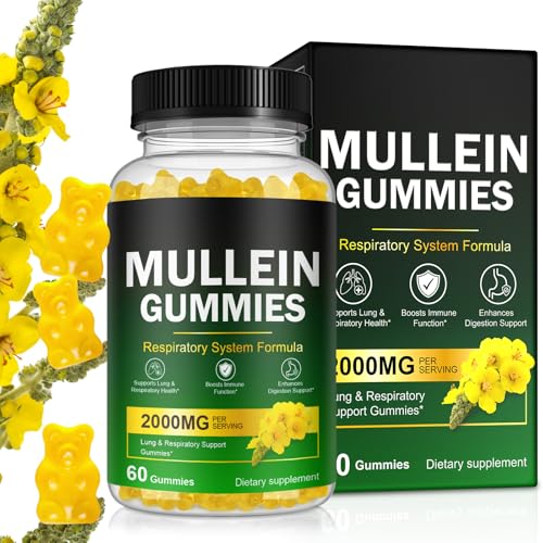 Ruduwu Mullein Gummies for Lung Detox 2000mg Mullein Leaf Extract for Respiratory & Digestive & Immune Support w/Quercetin Bromelain Elderberry & Marshmallow Vegan 60 Gummies