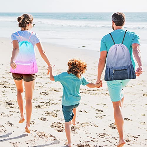 Mesh Drawstring Bag with Zipper Pocket, Beach Bag for Swimming Gear Backpack Gym Storage Bag for Adult Kids Pink Blue - Image 3