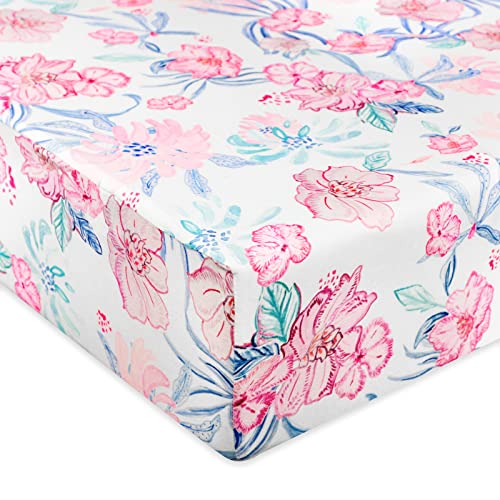 Image of Crib Sheets for Girls, Jersey Cotton Fitted Crib Sheet for Standard Crib and Toddler Mattresses, 28 X 52 Inch, Watercolor Flower