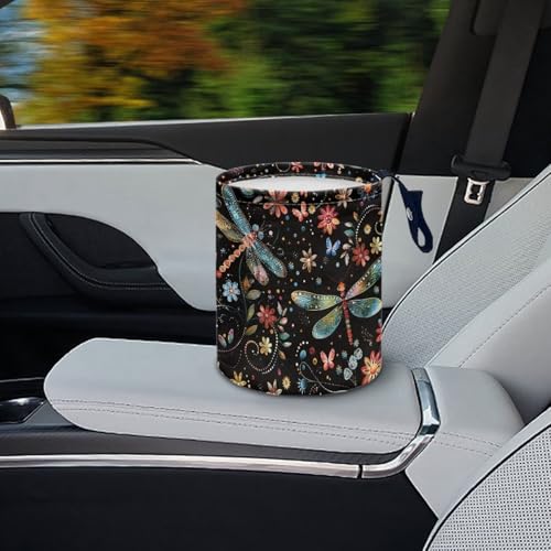 Image of Renewold Floral Dragonfly Butterflies Car Trash Can Automotive Interior Accessories Button Design Trash Bin for Car Garbage Can Gift for Women Men Storage Bag for Picnic Beach Home Office Waterproof