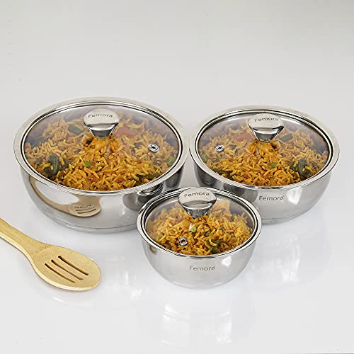 Femora Stainless Steel Double Wall Insulated Curry Server Bowl - 500ml, 900ml, 1500ml, Set of 3 Silver, 1 Year Warranty (Small Serving Size)
