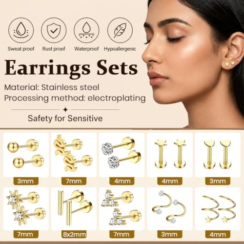 Image of SANNIDHI 10 Pairs Earrings Set for Women Small Stainless Steel Studs | Gold Rhinestones Star Helix Earring Hypoallergenic Dainty Hearts Cartilage Earrings Combo for Multiple Piercing