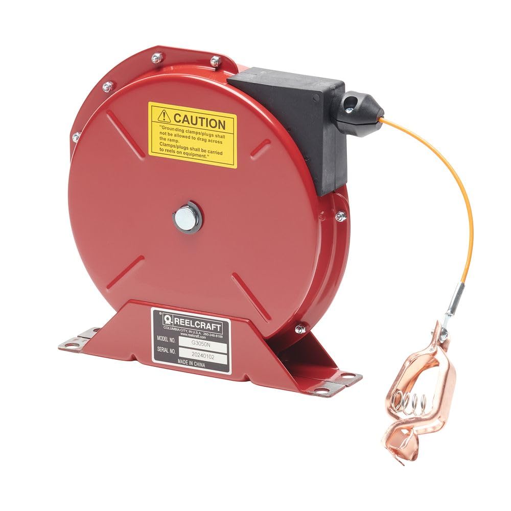 Reelcraft 3050 50’ Spring Retractable Grounding Reel, Nylon Coated Cable Made From Industrial Grade Carbon Steel
