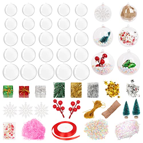 25 Stück Weihnachtskugeln Christbaumkugeln Kunststoff-Kugeln teilbar zum befüllen und schmücken, Acrylkugelntransparent (10 * 6 cm ø +10 * 7 cm ø +5 * 8 cm ø)