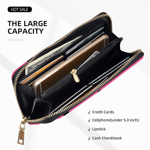 Leather Thin Slim Wallets for Women Men - Fashion Pink Dot Print Card Wallet Holder with Zipper4