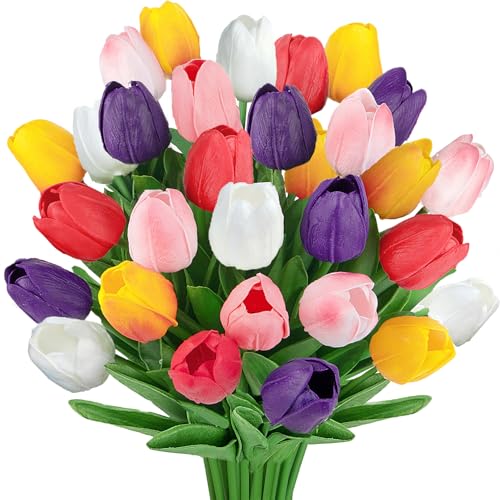 Image of Bassion 30 Pcs Multicolor Fake Tulips Artificial Flowers for Decoration | Real touch, PU faux tulips flowers, artificial plants indoor, for home decor wedding Mother's Day spring Easter decorations