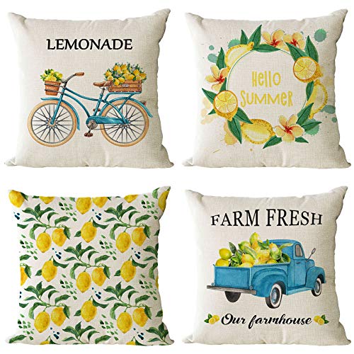 YeeJu Set of 4 Summer Throw Pillow Covers 12x12 Inch Summer Decorative Lemon Truck Biycle Farmhouse Pillowcase Square Cotton Linen Cushion Covers for Summer Home DÃ©cor (12 by 12)