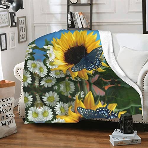 Sunflowers Blue Butterflies Printed Throw Blanket Ultra-Soft Fuzzy Blanket Warm Blanket Fluffy Reversible Blanket For Bed And Couch #TOP7
